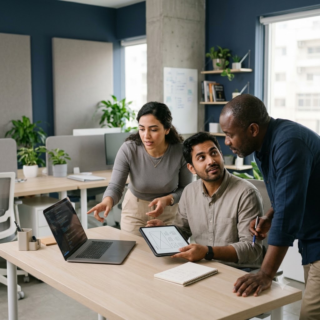Team of professionals collaborating around a laptop in an office