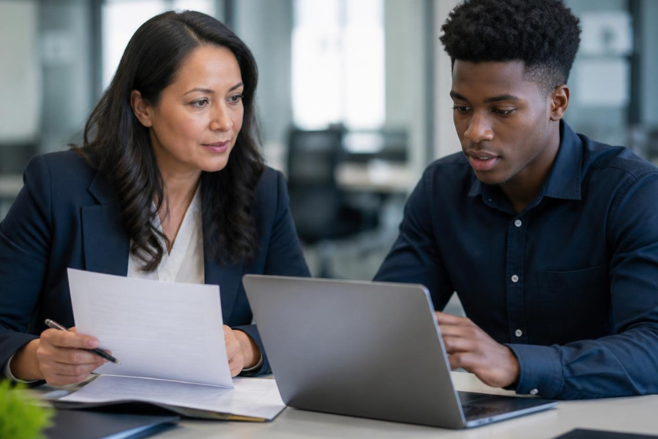 Two colleagues reviewing documents together beside an open laptop
